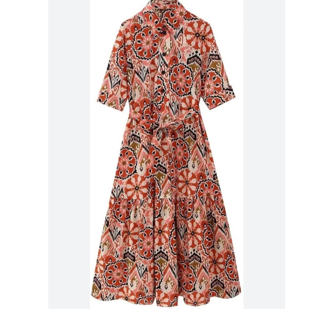 Zara Womens Pink Orange Ikat Floral Tiered Midi Shirt Dress Size Medium Belted - Picture 1 of 6